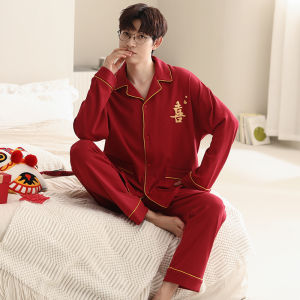 MiiOW | Bộ đồ ngủ cặp đôi màu đỏ MiiOW dành cho nữ Quần dài Áo choàng cổ bẻ dài tay Vải polyester cotton Bộ đồ mặc nhà thoải mái