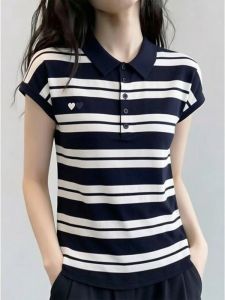 AIYITI | Polo Neck Striped Short Sleeve Tee Plus Size
