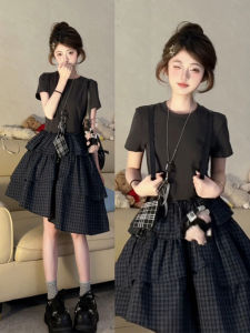 QINWEIYU | Korean College Style Spliced Summer Dress Womens Mini Skirt High Waist A-Line Skirt Short Sleeve Baking Style Cake Skirt