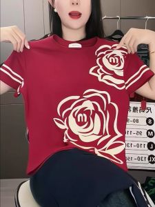 เสื้อยืดคอกลมแขนสั้นผ้าฝ้ายพิมพ์ลายดอกกุหลาบสไตล์ใหม่ฤดูร้อน 2025 สำหรับผู้หญิง ทรงหลวม สไตล์เกาหลี แฟชั่น