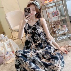 ฤดูร้อนผ้าฝ้ายผ้าไหมชุดนอนเปลือยสําหรับผู้หญิงสไตล์หวานพิมพ์คอวีชุดราตรียาวชุดสลิงแขนยาว