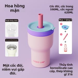 CHAKOLAB | Ly giữ nhiệt inox 620ml dung tích lớn có lớp kính borosilicate hai niêm vui cho nữ dùng uống cà phê trà