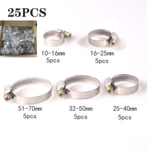 25pcs Stainless Steel Hose Pipe Clamps 10mm-70mm Cross German Hose Clamp Clips for Air Hose Water Pipe Fuel Hose 5 Sizes