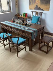 Traditional Chinese Elm Wood Tea Table Set Home Living Room Office Tea Brewing Artistic Table Multi-Function Rectangular Shape