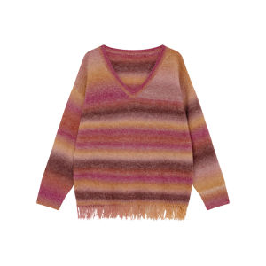 NIHAOKANONG | Áo Sweater Cổ V Dải Màu Đan Sọc Phong Cách Thoáng Mát Giúp Gầy