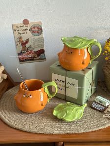 Cute Cartoon Persimmon Design Ceramic Cup with Lid