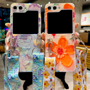Case Samsung Galaxy Z Flip 5 Z Flip 4 Z Flip 3 Z Flip Case Painting Folded Flowers Floral Blue-ray Sling Case Full Coverage Casing Crossbody Strap Ribbon Protect Hinge Shock Resistant Lanyard Slim