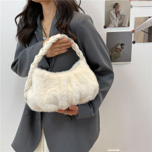 Fashionable Autumn Winter Plush Bag Korean Style Woven Braided Handle Fur Bag Single Shoulder Armpit Bag Trendy Dumpling Bag