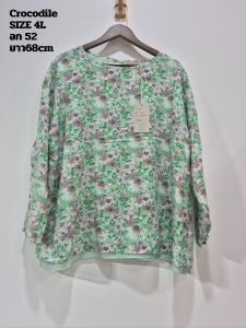 Crocodile JAPAN FABRIC เสื้อแฟชั่นผู้หญิง เสื้อเชิ้ตแฟชั่นฤดูร้อน เสื้อคอกลมทรงลวม แขนยาว ผ้าเรยอน ใส่สบายระอากาส