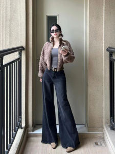 กางเกงยีนส์ทรงหลวมเอวสูงขาบานสำหรับผู้หญิง กางเกงขายาวทรงตรงขากว้าง ดีไซน์ปลายขาเปิด ทรงเข้ารูป ฤดูใบไม้ร่วง 2023