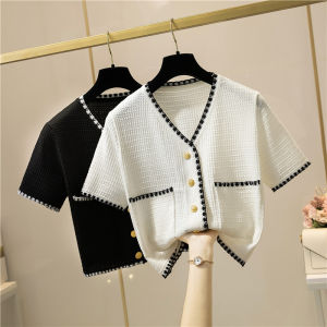 Summer 2025 Womens V-neck Short Sleeve Knitted Open Cardigan Thin Outerwear Woven Top Fashionable Short Length Breathable