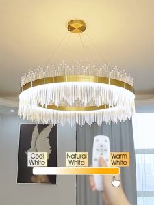 Crystal Glass Rod Chandelier with Dimmable & Adjustable Temperature Color LED Light(Round or Oval/Stadium Shape)