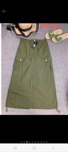 NEW Good quality Parachute Midi Cargo skirt four pockets with back slit for women A-line Korean fashion