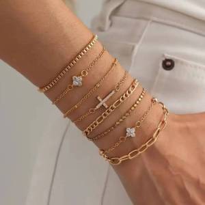 Ingemark 8Pcs/Set Punk Gold Color Geometric Metal Chain Bracelet Women Vintage Inlaid Rhinestones Cross Bangle Party New Jewelry