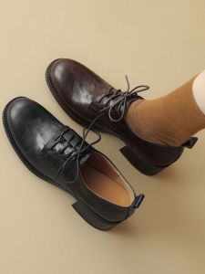 Cat Master Homemade Full-Grain Sheepskin British Style High-Cut Lace-up Leather Shoes Female Loafers Soft Leather Chunky Heel Commuter Shoes