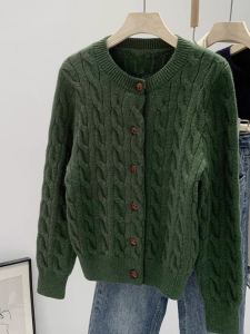 Green Knitted Cardigan Sweater Womens Spring Autumn Short Style Outerwear Korean High-End Feeling Button Detail Cuff