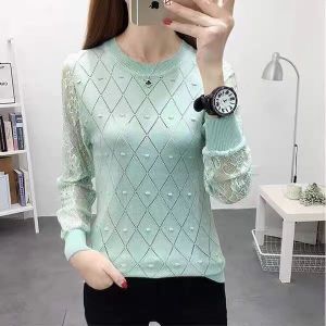 round Neck Lace Bottoming Shirt Loose Long Sleeves Knitwear Pullover Sweater Female Cut Out Spring & Fall New Versatile Top Tide