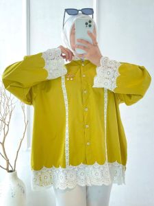 Kemeja Wanita Korean Style Seyna Lace Terbaru Biru Burgundy Lime Hitam Oversize Jumbo Bigsize