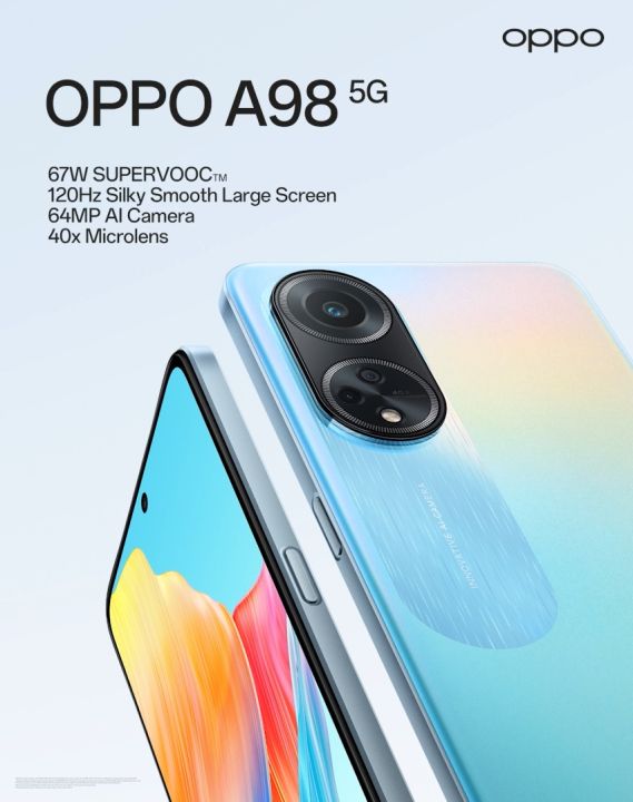 NEW] OPPO A98 5G Smartphone, 67W SuperVOOC + 5000mAh Battery, 8GB+8GB RAM  w/ 256GB ROM, 64MP AI Camera + 40x Microlens Cellphone