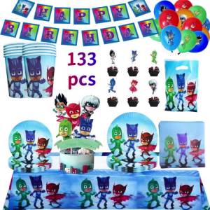 Hasbro | Super Hero Pjm Mask Theme Birthday Party Supplies Disposable Tableware Set Tablecloth Plate Cup Cake Topper Banner Backdrop