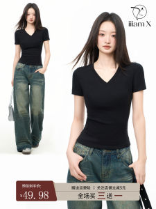 เสื้อยืดคอวีสีดำ แขนสั้น ทรงเข้ารูป สำหรับผู้หญิง ฤดูร้อน 2025 ใหม่ เสื้อชั้นใน ทรงเข้ารูป ทรงเข้ารูป แขนสั้น คอวี แขนสั้น แขนสั้น