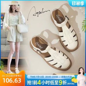 รองเท้าแตะส้นแบนแบบสวมสไตล์โรมันสำหรับผู้หญิง ฤดูร้อน 2025 รองเท้าแตะแบบสวมสบายๆ สำหรับกลางแจ้ง รองเท้าแตะแบบสวมที่มีหัวรองเท้าแบบครอบหัว