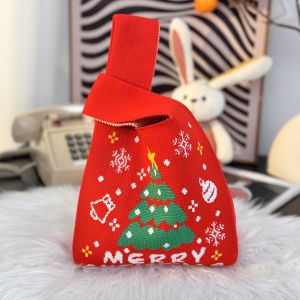 Christmas Gift Cartoon Knitted Handbag Soft Vertical Square Shape Baggable for Men And Women Cute Style Handheld Wrist Bag