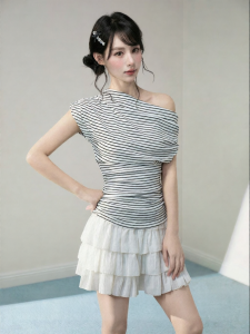 ARCG | Stylish American Striped Off-Shoulder Short Sleeve T-Shirt