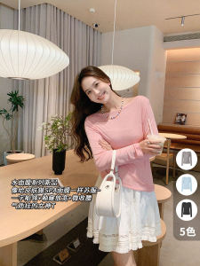 Swan Neck Long Sleeve T-Shirt Mixed Silk Mulberry Fiber Boat Collar Casual Comfortable Fit Classic Pattern Pure Color Summer Top