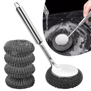 YESPERY Stainless Steel Pot Brush Long Handle Scrubbers Steel Wire Ball Brush Reusable Dish Brush Kitchen Strong Cleaning Tool