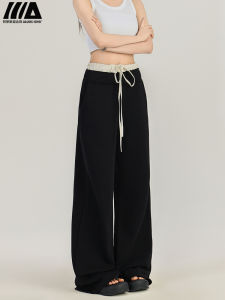 สีดำ กางเกงลำลอง ผู้หญิง ฤดูร้อน ลูกไม้บาง ดีไซน์ เชือกรูด ประกบ กางเกงวอร์ม เดรปขากว้าง กางเกง เอวสูง กางเกงขายาว