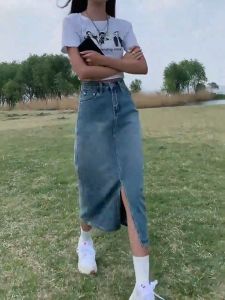 rok denim bagian baru bagian pinggang tinggi terbuka rok setengah badan ramping terbuka