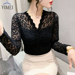Yimei เสื้อสเวตเตอร์ลูกไม้ด้านล่างเซ็กซี่2024ด้วยแขนยาวเสื้อปักลายสวยล่าสุด