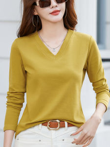 V Neck T-shirt Womens Long Sleeve White Loose Pure Cotton Spring & Fall Winter Inner Bottoming Shirt Western Style Shoulder Collar Tops Tide