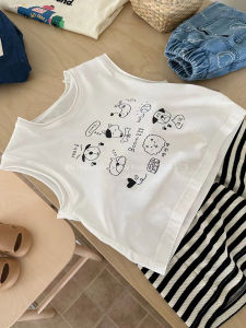 Cool Cotton Cartoon round Neck Sleeveless Vest And Striped Shorts Set for Kids Summer Outfit Two Piece Set Trendy And Casual