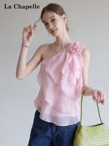 La Chapelle | Floral Design Sleeveless Halter Asymmetric Shoulder Summer Blouse