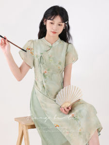 New Chinese Style Printed Dress Womens Cheongsam Stand Collar Button Skirt Short Sleeve mid Length a Line Summer Dress