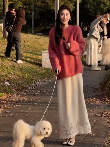 SHANGSHA | French Style Loose Pink Sweater Dress Set