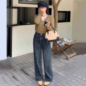 High Waist Wide Leg Blue Denim Jeans for plus Size Women Pear Shaped Body Retro Style Straight Cut Pants Autumn New Arrivals