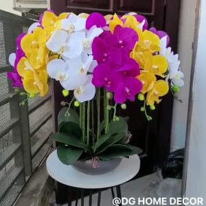 Chậu Hoa Lan Hồ Điệp Cao Su 12 Nhánh Cắm Sẵn Mix Nhiều Màu DC-220 Chậu Hoa Giả Để Bàn Phòng Khách