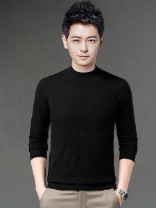 ROMON | เสื้อสเวตเตอร์ถักลำลองทรงสลิมฟิตคอตั้งสีดำแฟชั่นฤดูใบไม้ร่วงฤดูหนาวสำหรับผู้ชาย ผ้าผสมโพลีเอสเตอร์ อะคริลิก ไนลอน
