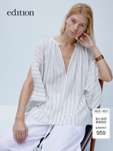 Pure Cotton Shirt P Series Summer New Fine Stripe Split Sleeve Two Wear Edition Womens Fashion Loose Fit V Neck mid Length