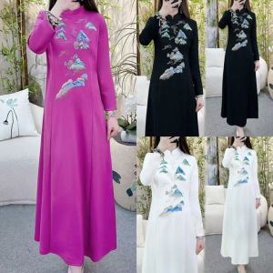 Elegant Chinese Style Long Sleeve Embroidered Stand Collar Womens Dress Slimming Waist A-Line Skirt Autumn Fashion Fairy Wind