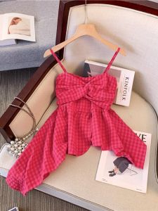 Asymmetrical Twisted Rose Red Gingham Vest Womens Summer Stylish Classy Sling without Strap Dress Swing Small Top