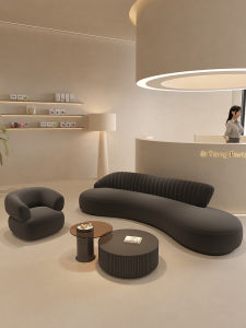 Modern Minimalist Black Leather Sofa Curved Unique Shape for Office Beauty Salon Waiting Area Comfortable Luxury Furniture
