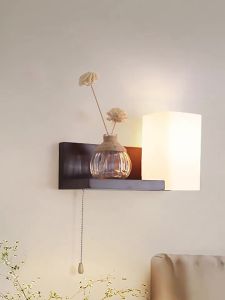 FANZHEN | Creative Vintage Wooden Wall Lamp with Pull Chain Switch and Shelf