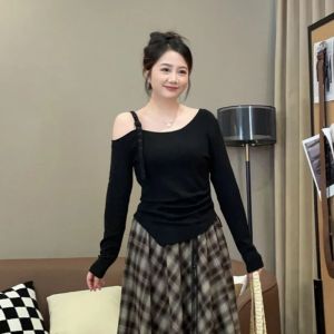 Áo Thun Nữ Cỡ Lớn Phong Cách Hàn Quốc Sọc Không Đều Ôm Vừa Vặn Tay Dài Cổ Đứng Thường Ngày Mùa Thu