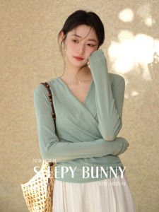 Soft Tencel and Wool Cross-Collar Flounce Waist-Shaping Blouse