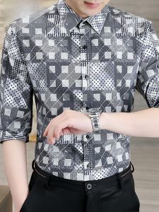 HENGYUANXIANG | เสื้อเชิ้ตลายสก็อตชายแขนยาวทรงหลวมสบายๆ ผ้าไหมน้ำแข็งฤดูร้อน เสื้อเชิ้ตลายดอกไม้แขนสั้นแบบสวมสบายสำหรับเยาวชน