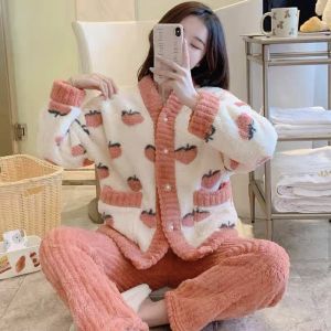 Bees Coral Fleece Lined Thickened Sleepwear Robe for Women Autumn Winter Cartoon Patterned Long Sleeve Dress with Hat Home Clothes